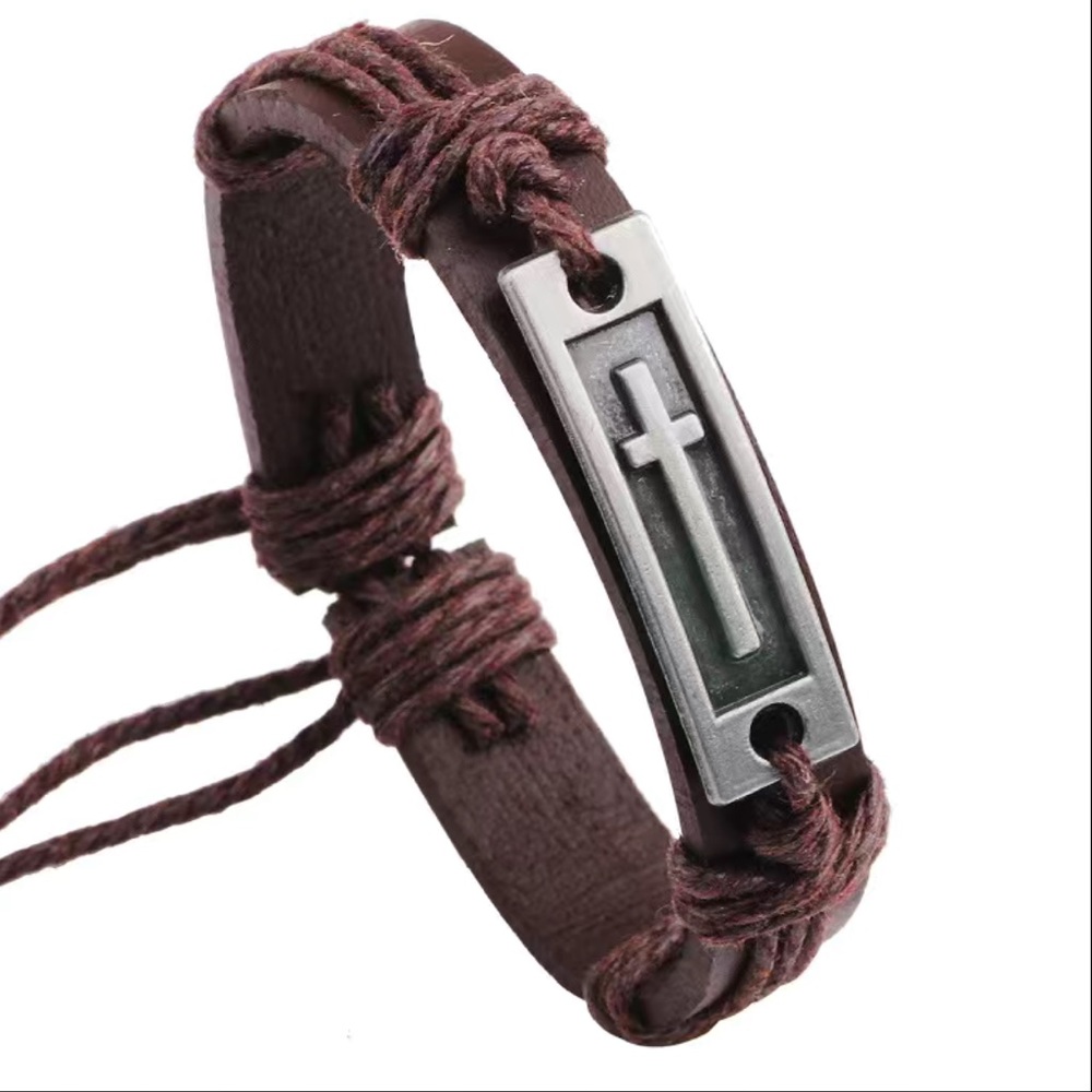 Brown Leather Cross Panel Adjustable Bracelet - image 1